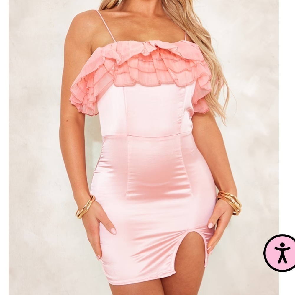 PrettyLittleThing Pink Rose Organza Frill Srappy Satin Bodycon